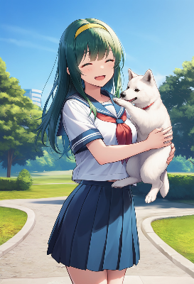 子犬と笑顔の緑髪少女