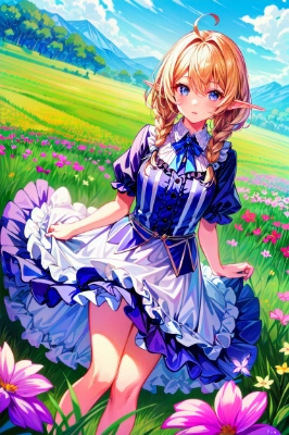 花畑に佇むエルフ