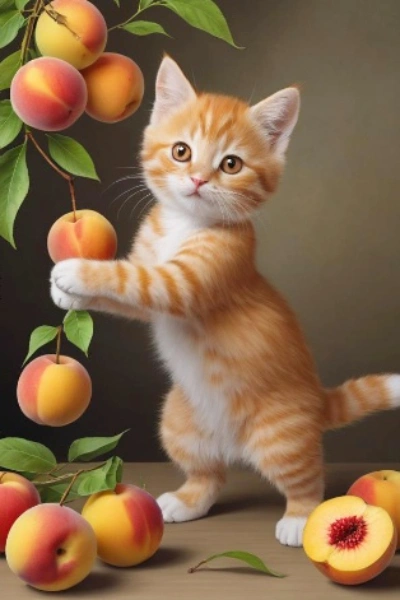 Kitten playing with peaches