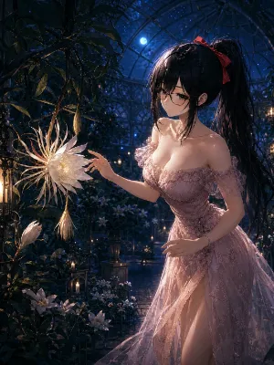 月夜の温室で触れる神秘の花