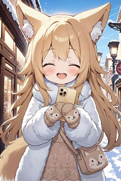 毛糸の手袋をする狐耳少女