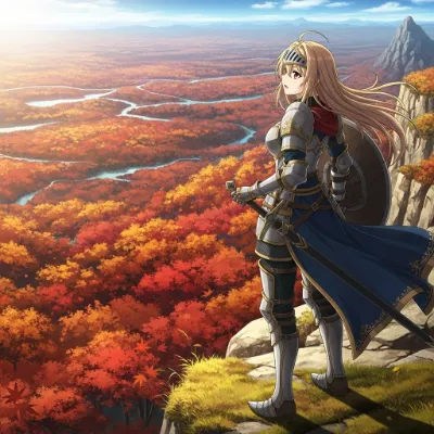 紅葉の大地を見下ろす女騎士