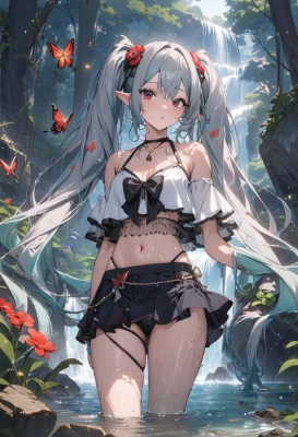 森の聖域で水遊びする赤目のエルフの女の子