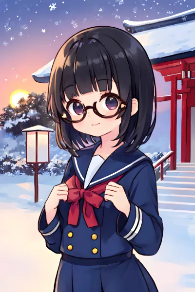 雪降る神社への初詣