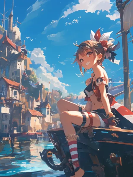 港風景の海風、その風を浴びる海賊少女