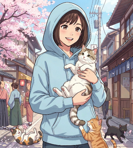 桜舞う路地で猫たちとの出会い