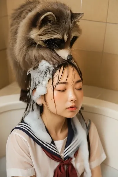 動画・髪を洗うアライグマ