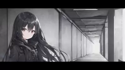 廃墟のような通路と黒いコートを着た女の子⑧
