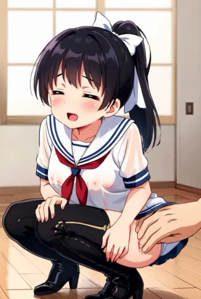 ポニーテール少女太ももと股間を触られて気持ちよさそう
