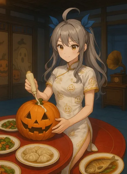 ハロウィンのカボチャにマヨネーズをあげる心優しきチャイナドレス系女子