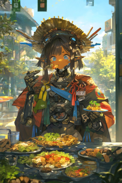 ランチタイムのサイボーグなダークエルフ