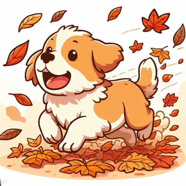 紅葉の中を駆け回る犬