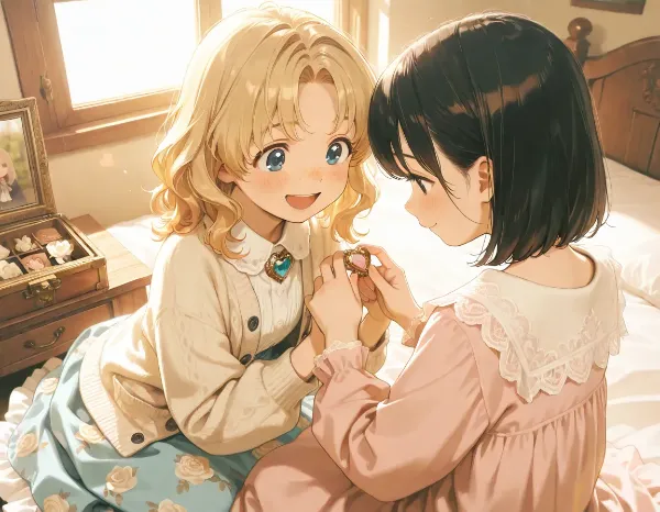 黒髪＆ブロンド・朝の光に輝く姉妹の絆の約束