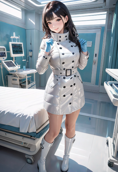 白いトレンチダウンコートの女医さん