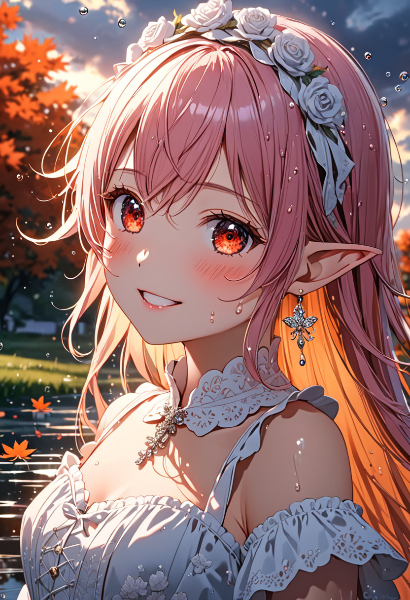 秋の湖畔で微笑む花冠のエルフ