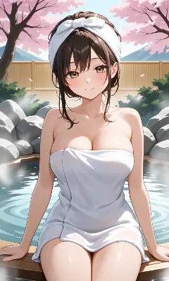 桜の温泉で微笑む美女
