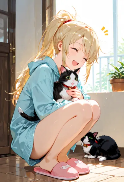 猫を抱きしめる少女の幸せな朝