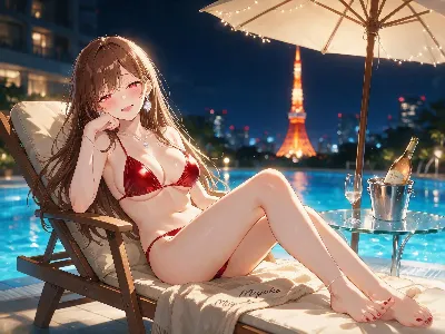 夜のプールで輝く赤い微笑み