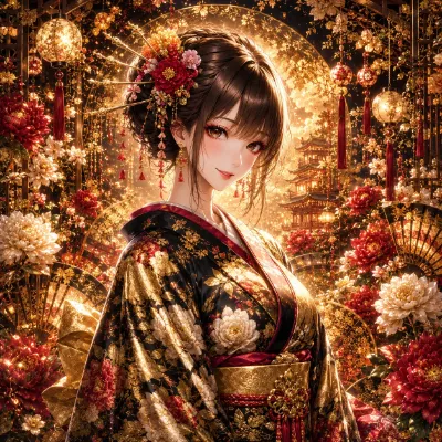 黄金の光に輝く着物美人