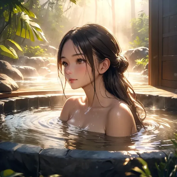 熱帯の秘湯に浸る少女