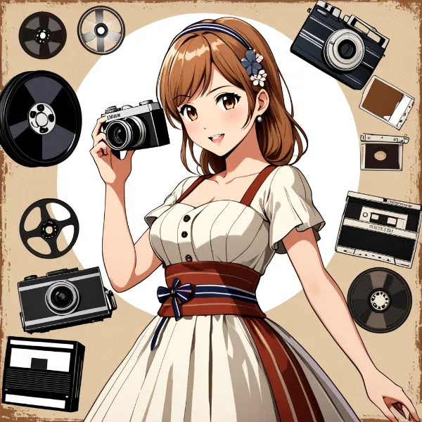 レトロカメラの笑顔少女