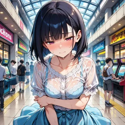 汗に濡れたアーケードの少女