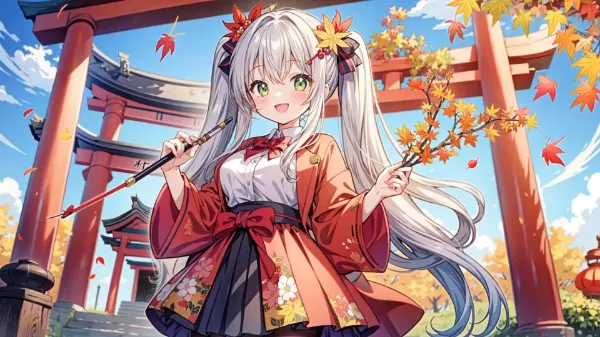 秋の神社で舞う銀髪の少女