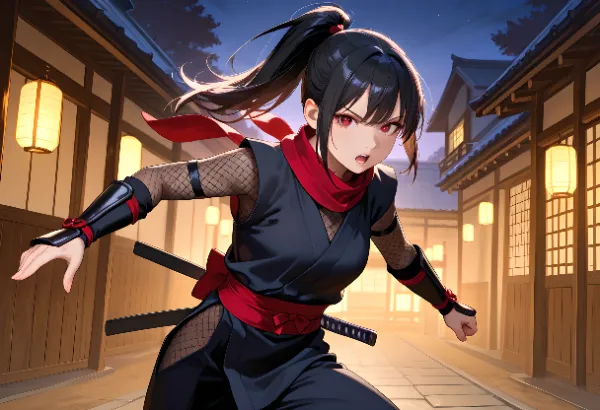 影の路地を駆け抜ける紅のくノ一