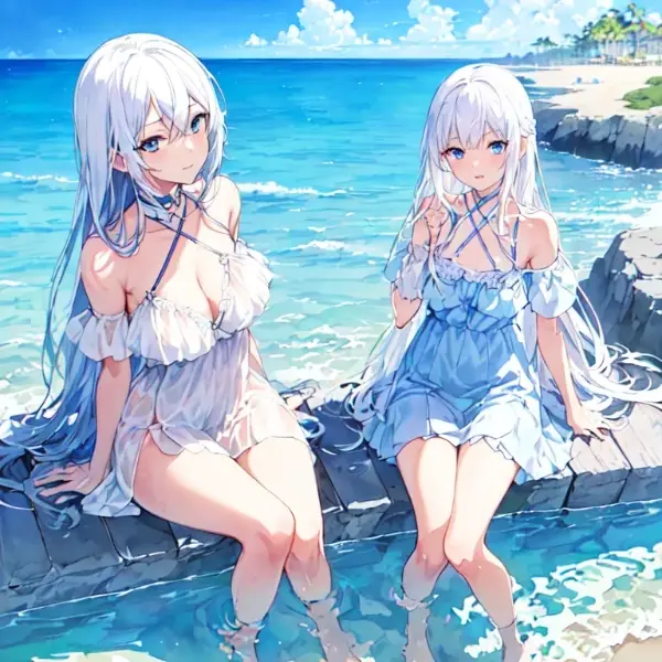 二人でビーチ