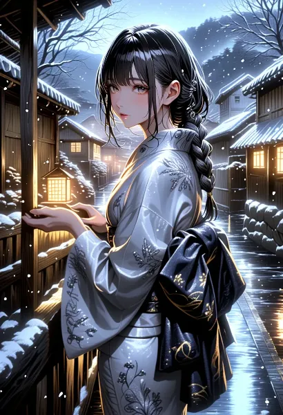 雪夜に佇む黒髪の乙女