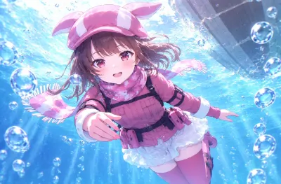 海底遺跡で手を伸ばすうさぎ少女