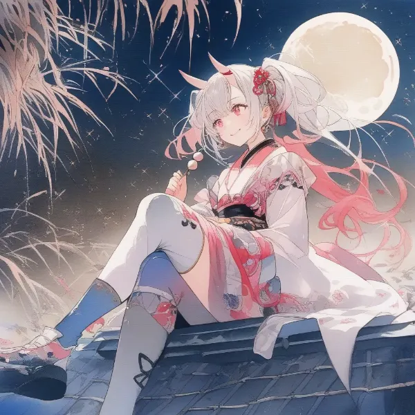 月夜の花火に浮かぶ鬼娘の夏夢