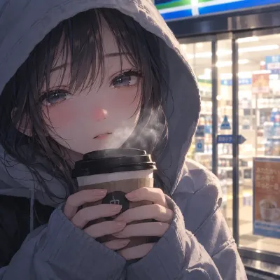 【日常エモ】冬の夜のコンビニ前｜ホットコーヒーを持つフード帽の美少女
