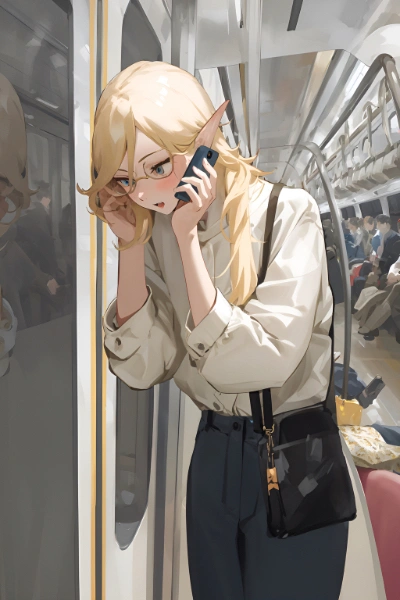 電車内で電話対応するエルフさん