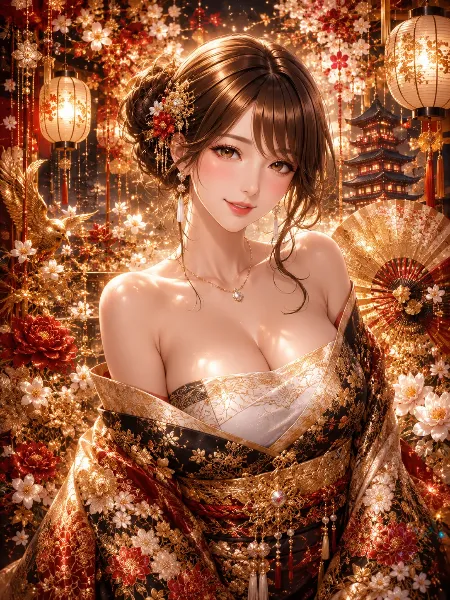 金灯りに輝く和装美人