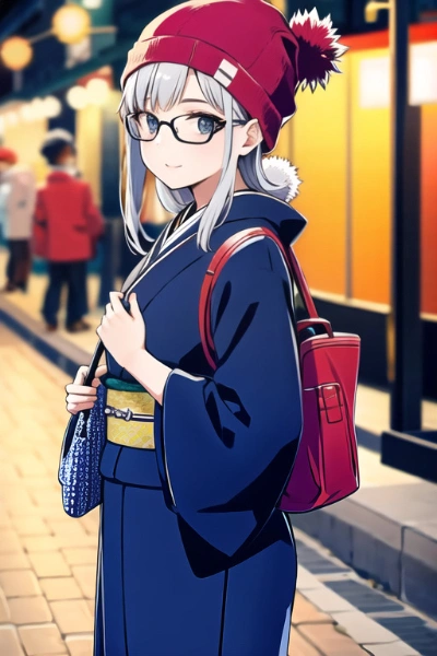 ニット帽×和服