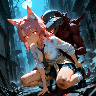ギャル系の狐耳の女の子と金属頭のモンスター
