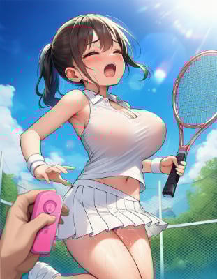 テニスコートで突如悶える少女と謎のリモコン