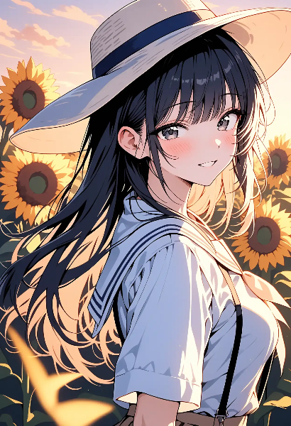 向日葵の風に揺れる夏の少女