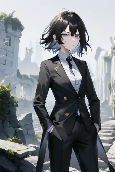 モノクロな黒髪ロングな女性と廃墟（４枚）