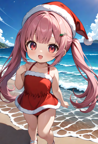 白いビーチサンダルとサンタ帽