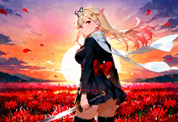 彼岸花と夕立(和装)