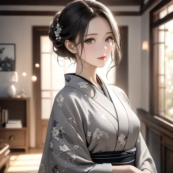 朝光に輝く着物美人