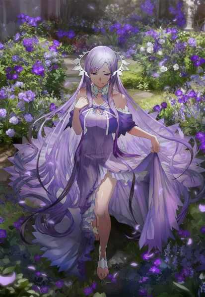 紫の花の庭園に佇むアドミニストレータ