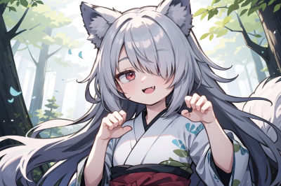狼耳　着物　森
