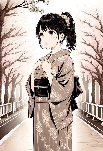 桜並木の優雅な着物娘