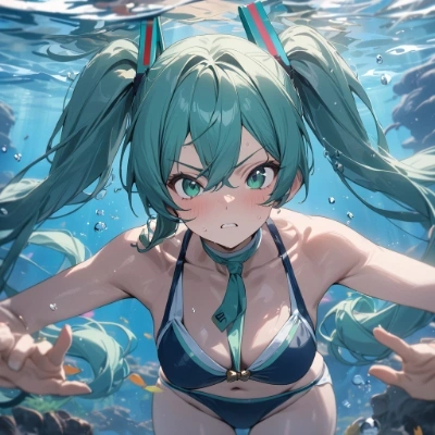 水中キメ顔するミクちゃん