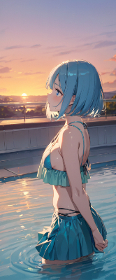 夕陽と青髪さん