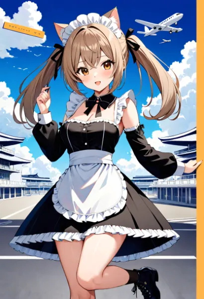 空港の元気猫耳メイド·飛行機の日コーデ