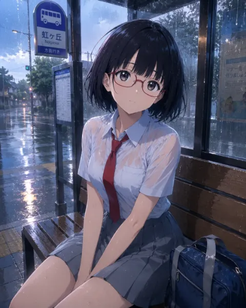 雨のバス停